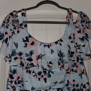 LIGHT BLUE FLORAL GAUZE COLD SHOULDER DRESS